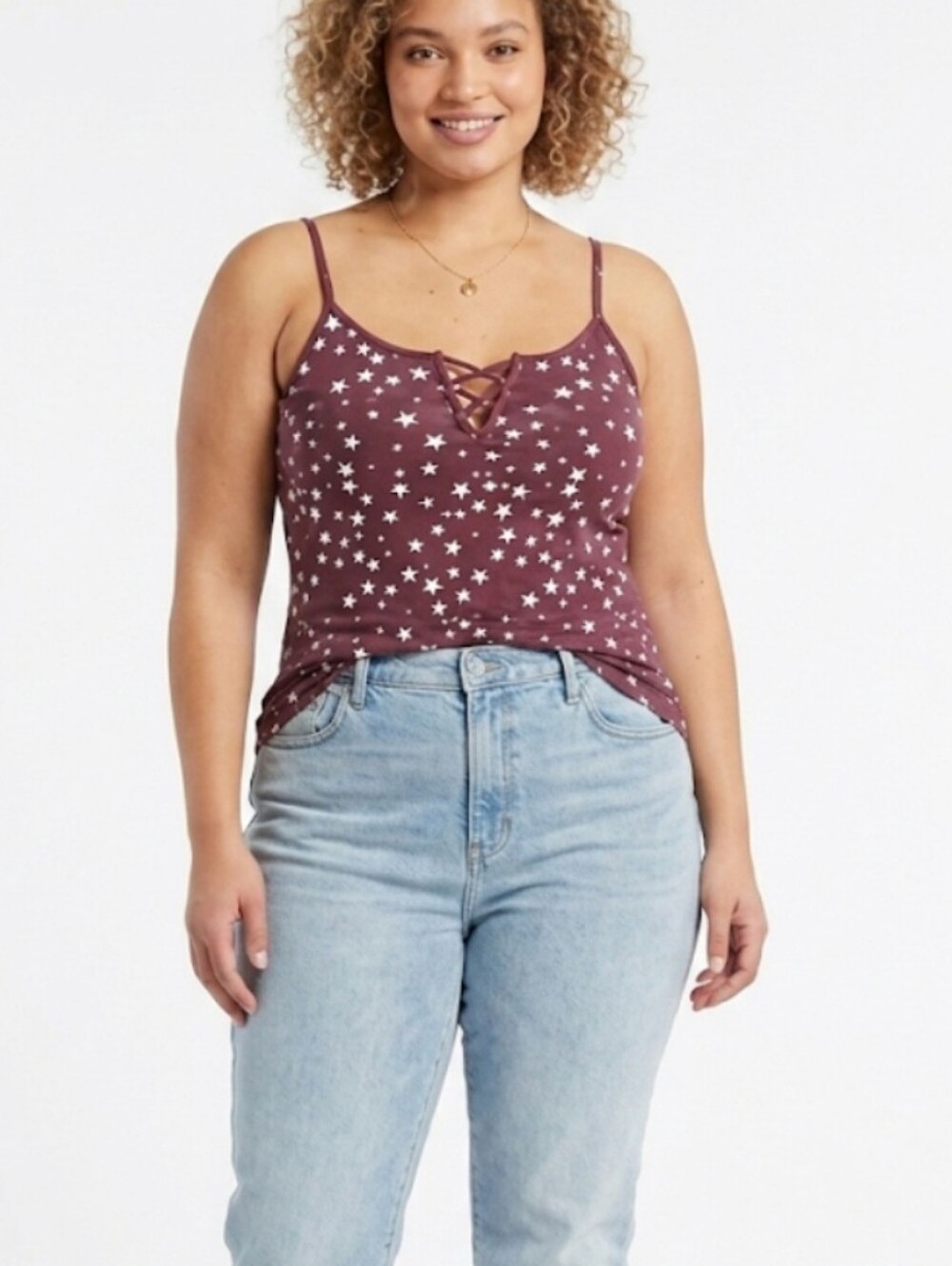 #060 Torrid 2 Burgundy All-Over Star Print Lace-Up Cami Tank Top